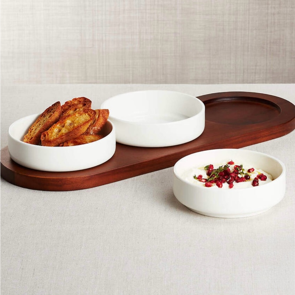New! Crate&Barrel Small Bites Server with 3 Serving Bowls and Oval Platter